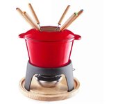 Lacor set fondue de hierro fundido esmaltado, soporte de hierro con base de madera, 6 tenedores, rojo