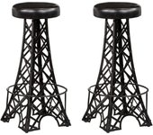 Juego de dos taburetes de bar de diseño, asiento de silla de cuero auténtico negro 1202119