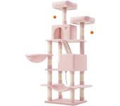 Rascador de gatos multinivel de 168 cm, torre con 13 postes, 2 plataformas, cuevas, cesta, hamaca y pompón, árbol para gatos grandes, rosa
