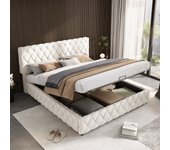 Cama con canapé 160 x 200 cm con cabecero - terciopelo - estampado de rombos - beige (sin colchón)