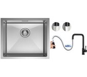 Cecipa max fregadero de cocina fregadero de 1 seno de acero inoxidable cepillado 50*44 cm + grifo monomando con ducha extraíble, negro