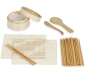Relaxdays kit sushi, bambú, 2 esterillas, vaporera, 20 pares de palillos, cuchara arrocera, espátula de arroz, natural