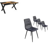 Pack mesa de comedor roble y partes negras con 4 sillas tapizadas 140x