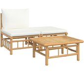 Set de muebles de jardín 3 piezas bambú y cojines blanco crema