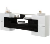 Mueble tv elegante, panel bajo, acabado en alto brillo blanco y negro, 200 cm, con iluminación led