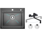 Fregadero de cocina de 1 seno, 50 × 45 × 18,5 cm, fregadero de acero inoxidable negro + mezclador de cocina de pared con 2 chorros negros