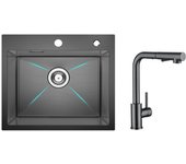Fregadero de cocina fregadero de acero inoxidable negro 1 seno 50×45×18,5 cm + mezclador de cocina con ducha extraíble