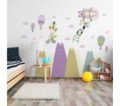 Vinilo montañas escandinavas animales divertidos y amigos - adhesivo pared - sticker revestimiento - 100x150cm