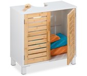 Relaxdays mueble bajo lavabo con 2 puertas, armario baño, 60x60x32 cm, mdf y bambú, agujero para sifón, blanco y natural