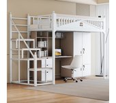 Cama alta 90 x 200 cm con escalera - metal + contrachapado + mdf - somier de láminas - blanco