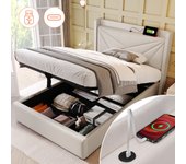 Cama contenedor 90 x 200 cm - usb y tipo c - tela de lino - somier de láminas - beige