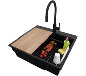 Primagran fregadero granito todo negro 58x53cm, fregadero cocina 1 seno + sifón + accesorios, fregadero sobre encimera al mueble 60cm - oslo max