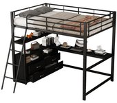 Cama litera 140x200 cm con estructura metálica, escritorio en l, cajones prácticos, negro