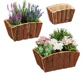 Relaxdays set de 3 macetas, madera natural con corteza, jardín, terraza y alféizar, decoración para plantar, marrón