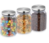 Relaxdays botes cristal con tapa, set de 3, 700 ml, recipientes redondos, tarros herméticos, transparente/plateado