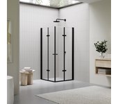 Mampara de ducha emma dk99 70x100x190 cm con puertas plegables, perfiles negros y cristal templado transparente, moments of glass