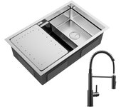 Fregadero de cocina cecipa max 1 seno 70×44 cm fregadero de inox cepillado con escurridor y lavabo + mezclador de resorte negro con ducha extraíble