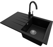 Primagran fregadero granito negro 78x50cm, fregadero cocina 1 seno + grifo 32x20cm + sifón, fregadero sobre encimera al mueble 45cm - milano