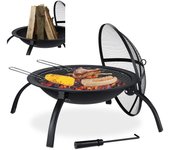 Relaxdays brasero para jardín, parrilla de barbacoa, atizador, tapa contra chispas, cuenco para hogueras, 56,5 cm, negro