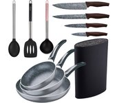 Set 3pc sarten (16+20+24cm) aluminio prensado, inducción, negra soul marble con set 3pc utensilios de cocina nylon con set 4pc cuchillos acero inoxid