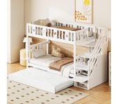 Litera infantil 90x200 cm + cama nido 90x190 cm - madera maciza - con escalera almacenaje - blanco