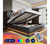 Cama contenedor 140 x 200 cm con cabecero - tomas usb y tipo c - led - cuero pu - negro (sin colchón)