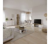 Pack muebles salón comedor acces en color roble hamilton y blanco con mesa tv, mesa de centro, aparador, estanteria, mesa de comedor y 4 sillas