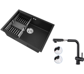 Fregadero cocina 1 bandeja 60*44*20cm,inoxidable 304, empotrado con cesta drenaje,negro+grifo cocina ducha extraíble dos jets giratorio 360°,negro