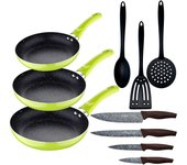 Set 3pc sarten (20+24+28cm) aluminio prensado verde con set 3pcs utensilios de cocina con set 4pc cuchillos acero inoxidable
