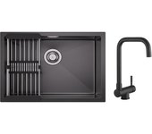Fregadero de 1 lavabo, 60 × 44 cm, acero inoxidable, con escurridor y grifo mezclador plegable debajo de la ventana, color negro