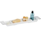 Relaxdays bandeja para bañera, extensible 55,5-78 cm, plástico, agujeros de drenaje de agua, antideslizante, blanco