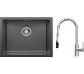 Fregadero de 1 lavabo 50*44 cm fregadero de acero inoxidable negro antracita + grifo de cocina mezclador con ducha extraíble, 2 modos de salida de agu