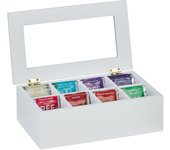 Relaxdays caja de té de bambú 8 compartimentos, 9x28x16 cm, cápsulas y bolsitas, con tapa, a prueba de polvo, blanco