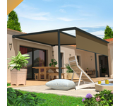 Pérgola cofre finisterre 4x3 m maniobra motorizada con mando a distancia + maniobra manual de emergencia (manivela) + led + bambalina (gris - topo)