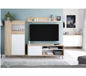 Mobelcenter - mueble de tv kikua, módulo tv 1 puerta y 2 huecos, estante de pared -blanco artik y roble canadian - 135 cm x 50 cm x 40 cm (1234)