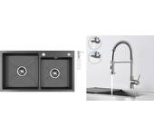 2en1 fregadero cocina 2 bandejas,negro,75x45x19cm,empotrado/ponible con dispensadorjabón+grifo cocina con ducha extensible,2 modos,cepillado