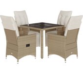 Mesita y sillas jardín 5 pzas y cojines ratán sintético beige