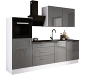 Juego de cocina: blanco/gris brillante, fondo: ancho: 250 cm, alto: 220 cm, fondo: 60 cm
