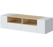 Ebe mueble tv, aparador de televisión para salón, mueble tv moderno, aparador bajo multiusos, 138x42h36 cm, blanco y roble
