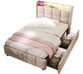 Cama con cabecero, función de carga usb, iluminación led y 2 cajones, cama individual 90x200 cm, estructura de cama con colchón, gris