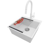 Primagran fregadero granito blanco 48x50cm, fregadero cocina 1 seno + sifón + grifo 40x22cm + accesorio, fregadero sobre encimera al mueble 50cm