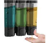 Dispensador de jabón de pared de 3 piezas, sin taladros, para champú, gel de ducha, jabón líquido y acondicionador, color negro