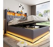 Cama con canapé de 160 x 200 cm y cabecero con canapé - carga usb y led - tejido de lino - gris