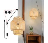 Lámpara colgante artesanal tarta ø45cm de mimbre, con enchufe, interruptor, soporte de madera y altura ajustable.