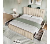 Cama tapizada 160 x 200 cm con 4 cajones y cabecero - tomas usb y tipo c - tela de lino - rayas decorativas - beige (sin colchón)