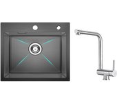 Fregadero de cocina 1 seno 50×45×18,5 cm fregadero de acero inoxidable negro + mezclador de cocina plegable cepillado