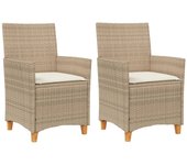 2 piezas sillas de jardín | silla de exterior | sillon jardín con cojín ratán pe beige y madera acacia cfw600557