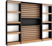 Librería estantería, 230x25x186cm, salón - comedor - oficina, con almacenaje, roble y negro