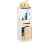 Relaxdays armario estantería con 5 estantes, puerta y cajón dispensador, baño y cocina, estrecho, bambú, 89cm, blanco