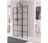 Mampara ducha fijo frontal y puerta abatible perfil pivotante 180º | 100cm + 40cm | vidrio 6mm antical cuadrículas | alto 195cm | negro